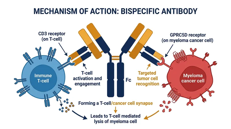 Talquetamab acts as a bridge, binding to both the GPRC5D protein on myeloma cells and the CD3 receptor on T-cells.
