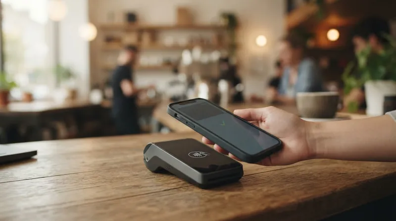A person tapping an iPhone against a contactless payment terminal at a retail checkout counter.