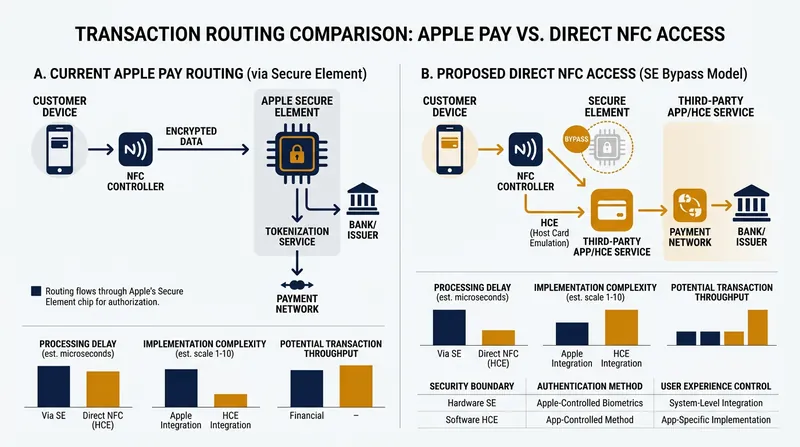 How the proposed Host Card Emulation model bypasses Apple's proprietary secure element.