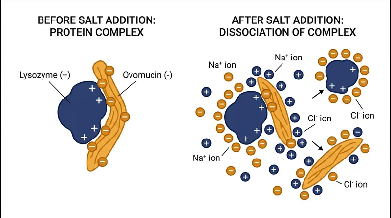 Sodium and chloride ions neutralize the magnetic attraction between lysozyme and ovomucin, allowing the proteins to separate.