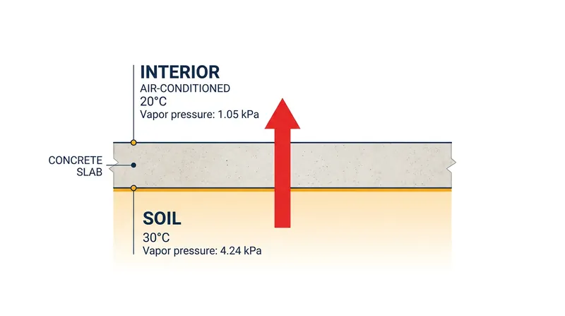 The 3.19 kPa vapor pressure differential acts as a powerful vacuum across the concrete slab.