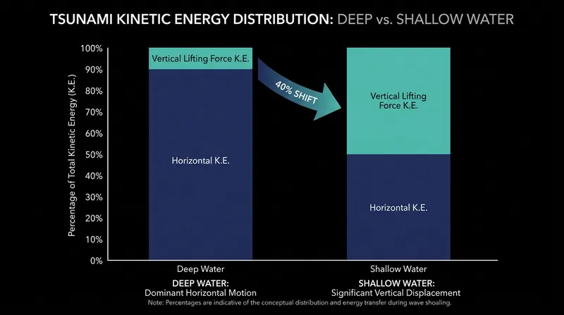 Seafloor friction shifts up to 40 percent of the wave's forward momentum into vertical lift.