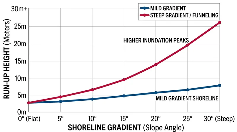 Steep coastal topography and narrow inlets act as funnels, driving run-up elevations significantly higher.