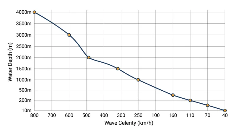 Wave celerity drops exponentially as water depth decreases, forcing the kinetic energy to compress.
