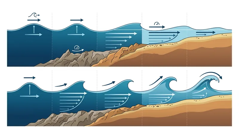 Bed friction slows the base of the wave, causing the crest to outpace it and steepen asymmetrically.