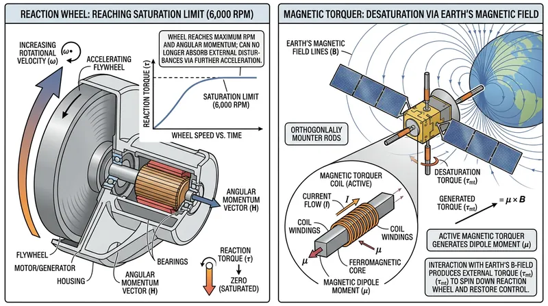 Magnetic torquers push against Earth's magnetic field to slow down saturated reaction wheels.