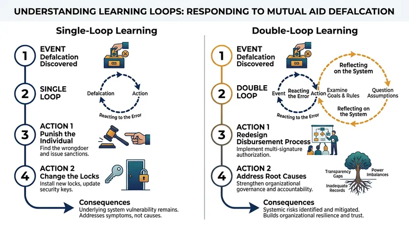 Single-loop learning treats the symptom, while double-loop learning redesigns the system that allowed the failure.