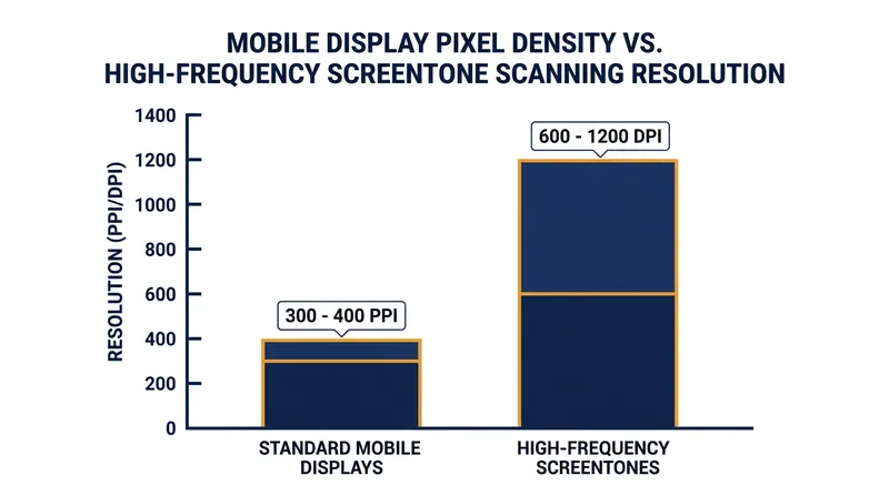 Standard mobile displays lack the pixel density required to render high-frequency screentones without downsampling.