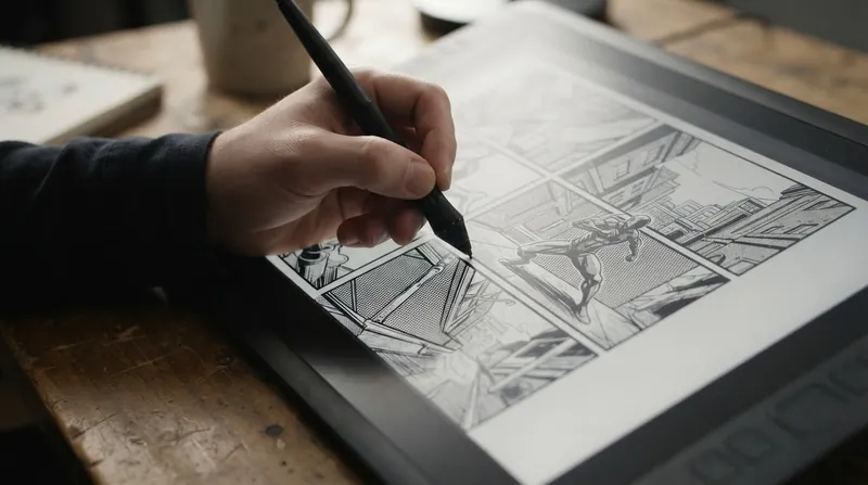 A close-up photograph of a digital tablet screen showing wavy moiré patterns over a manga panel.