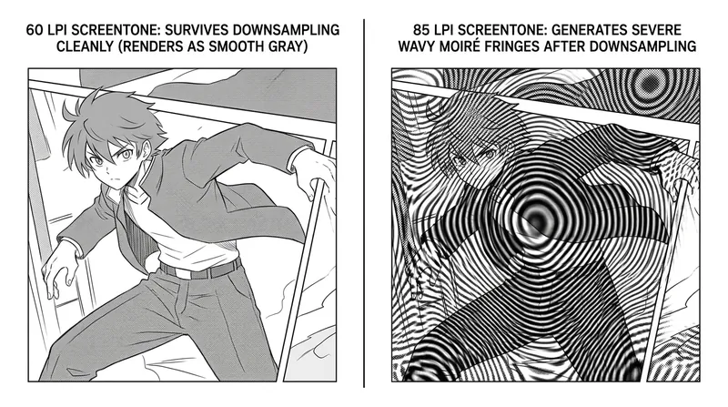 Capping screentone density at 60 LPI ensures the downsampling algorithm has enough pixel data to average the area smoothly.