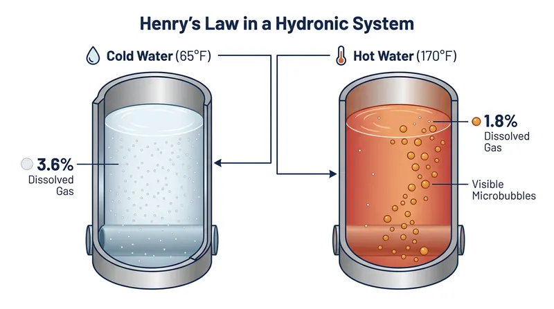 Heating cold makeup water forces up to half of its dissolved atmospheric gases out of solution.