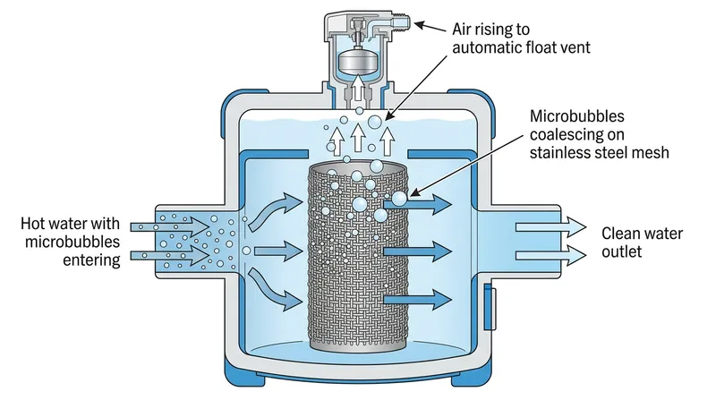 Microbubble separators use a coalescing medium to strip nitrogen from the water before it reaches the upper floors.