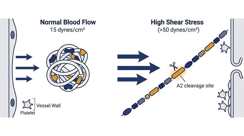 Mechanical shear stress physically uncoils the VWF protein, exposing it to enzymatic destruction.