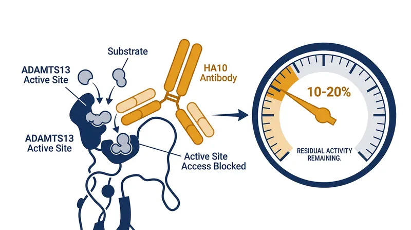 The HA10 antibody partially blocks ADAMTS13, leaving enough residual activity to prevent thrombosis while stopping excessive VWF destruction.