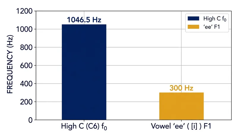 The fundamental pitch of a soprano's high C sits more than three times higher than the acoustic frequency required to produce an 'ee' sound.