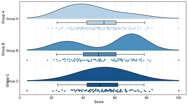 The split-half density curve (the 'cloud') allows multiple distributions to be stacked closely together without visual overlap.