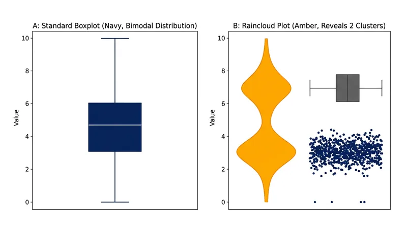 While a standard boxplot masks bimodal clusters, the raincloud plot exposes the true shape of the data.