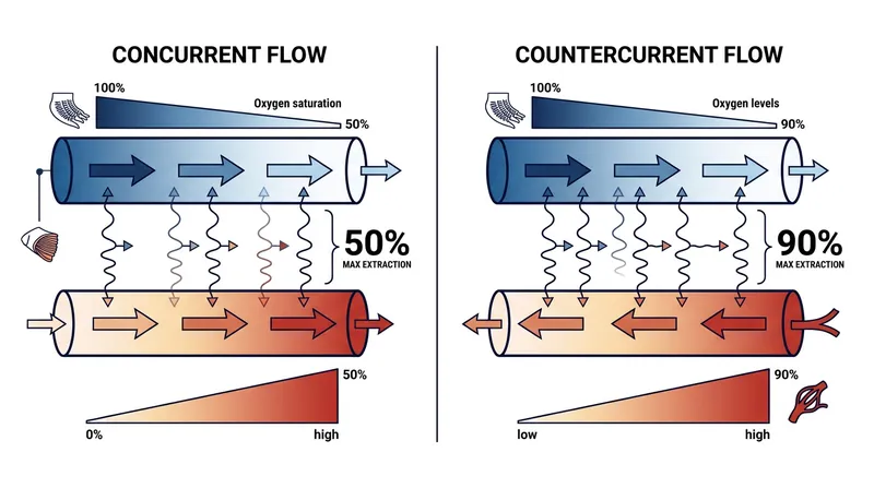 Countercurrent flow allows blood to continuously absorb oxygen along the entire length of the capillary, bypassing the 50 percent limit of concurrent systems.