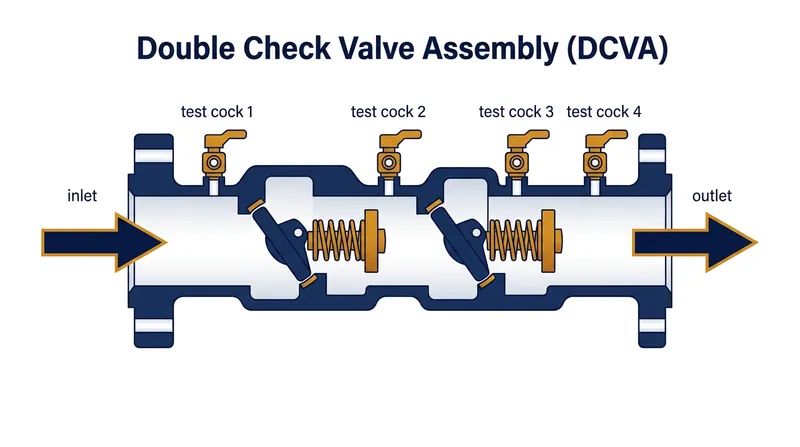 The DCVA uses two independent valves to provide mechanical redundancy.