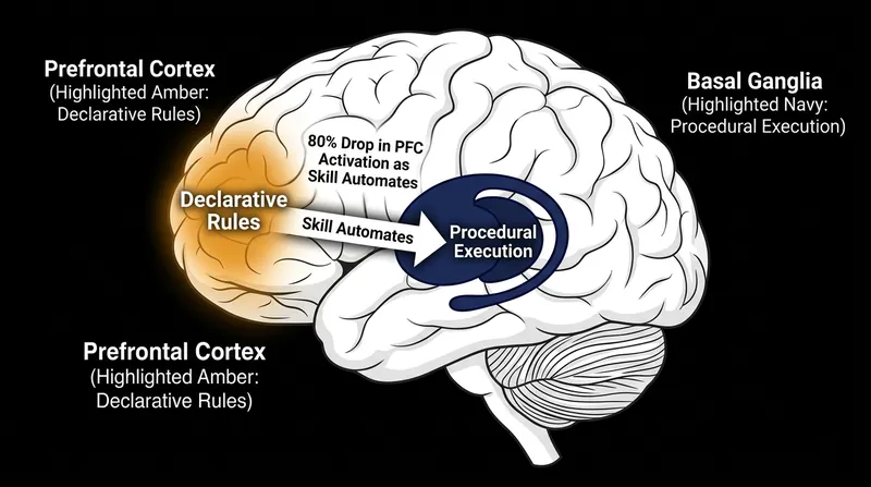 As a physical skill is mastered, control shifts from the conscious prefrontal cortex to the automated basal ganglia.