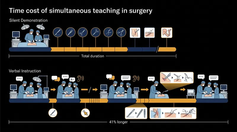Attending surgeons take 41 percent longer to complete a suturing task when required to explain their movements in real time.