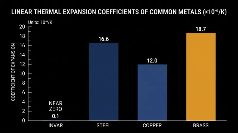 Linear thermal expansion coefficients of common bimetallic strip alloys.