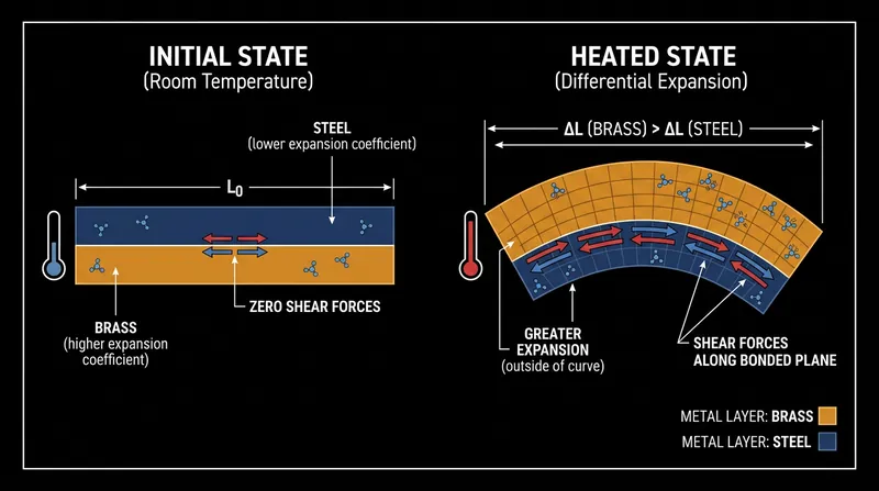 When bonded metals expand at different rates, the resulting shear forces force the entire assembly to curl.