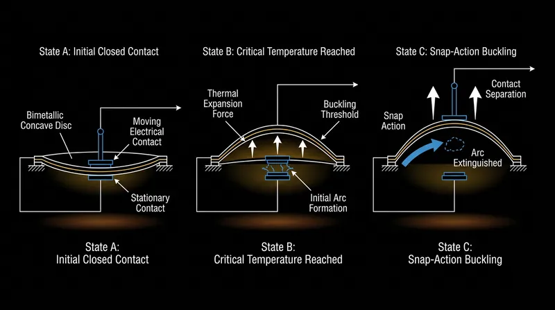 The rigid dome geometry stores thermal stress until it reaches a critical threshold, triggering an instant inversion.