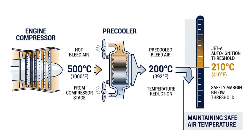The precooler drops the bleed air temperature to a safe margin below the auto-ignition point of aviation fuel.