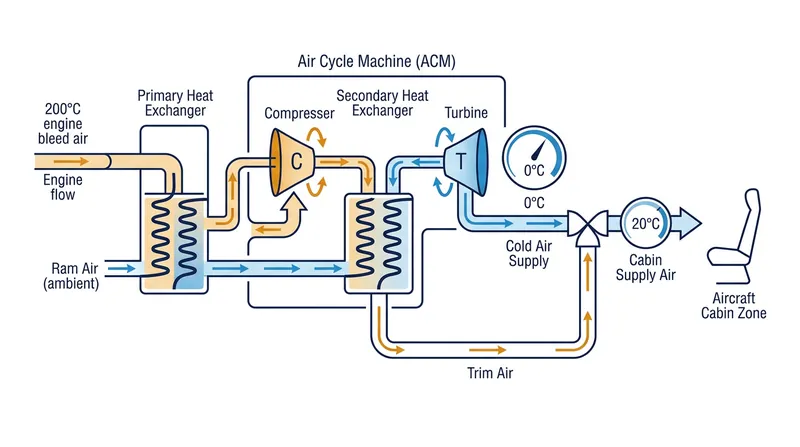 The Air Cycle Machine uses rapid expansion to cool the 200°C air down to sub-zero temperatures.