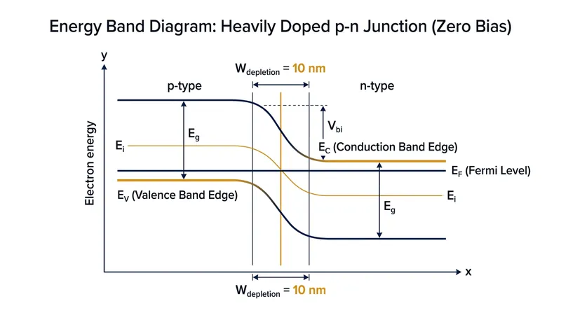 At zero bias, the extreme doping shrinks the depletion region to less than 10 nanometers, allowing quantum tunneling to occur.