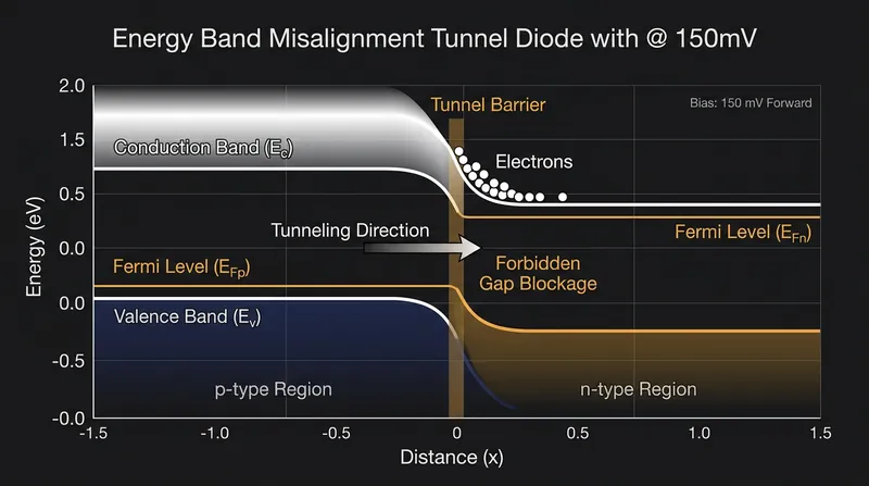 As voltage increases, the conduction band shifts upward, leaving electrons facing a forbidden bandgap with no available quantum states.
