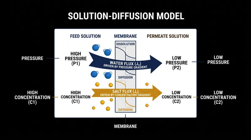 Water and salt cross the membrane independently, driven by entirely different physical forces.