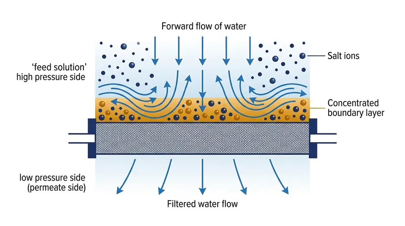 A highly concentrated boundary layer forms against the membrane, actively pushing back against the pump pressure.