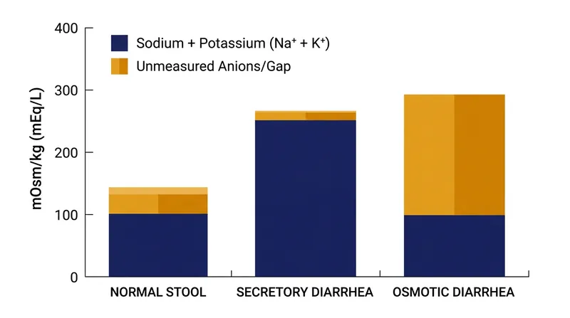 In osmotic diarrhea, unmeasured solutes account for a massive portion of the total osmolality, creating a gap greater than 100 mOsm/kg.