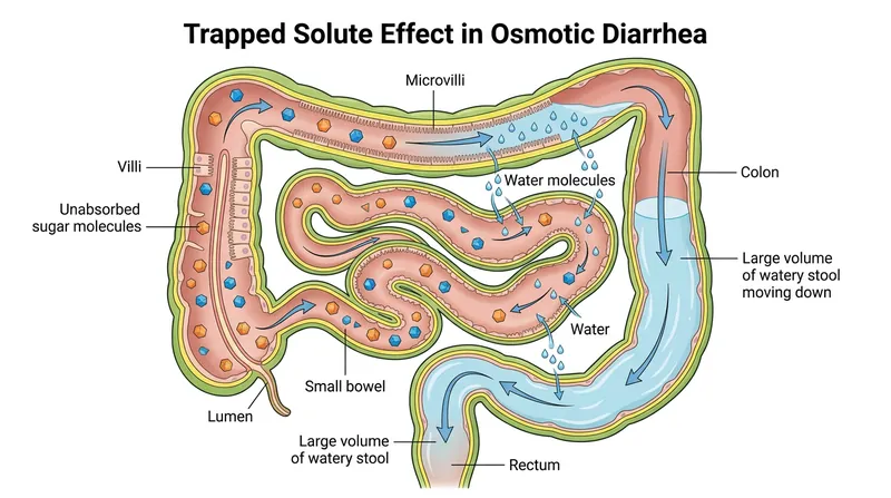 Osmotic diarrhea is driven by unabsorbed molecules, such as lactose or laxatives, which trap water inside the intestinal lumen.