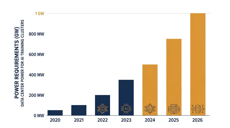 Power consumption for frontier AI training clusters has scaled from tens of megawatts to gigawatt-scale facilities.