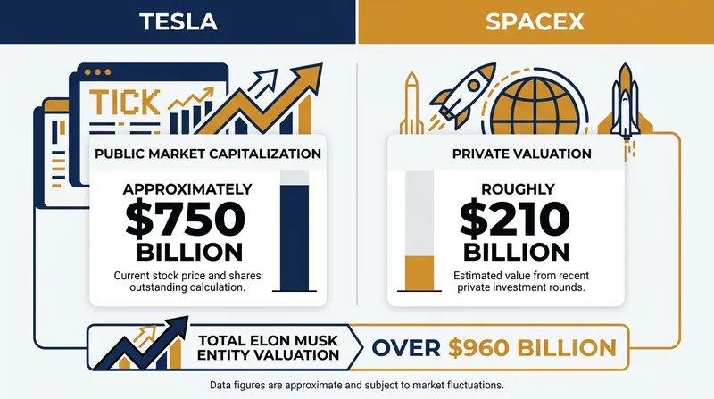 A merger would combine Tesla's $750 billion public valuation with SpaceX's $210 billion private valuation.