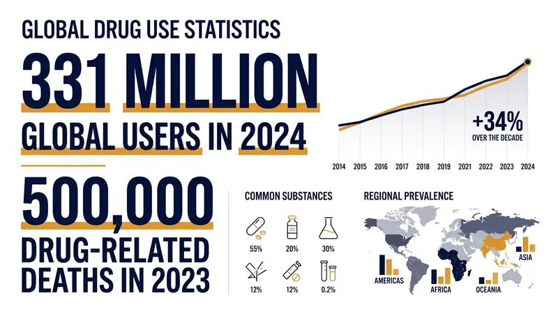 Global drug consumption and related mortality have surged over the past decade.