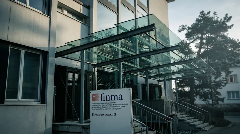 The exterior of a modern financial building in Switzerland representing regulatory authority.