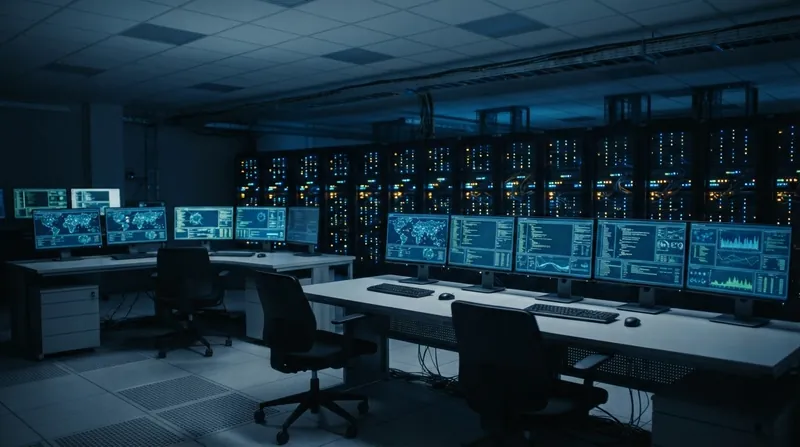 A secure server room with glowing blue lights representing artificial intelligence infrastructure.