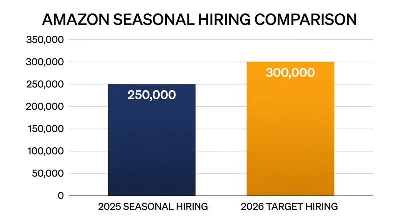 Amazon's seasonal hiring target has increased by 50,000 workers compared to the previous year.