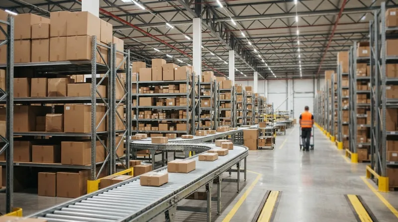 Amazon warehouse employees in high-visibility vests sorting packages on a conveyor belt during a busy shift.