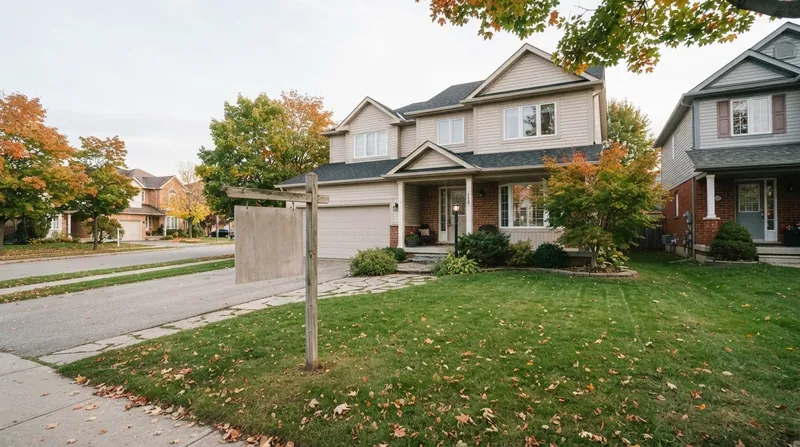 A real estate For Sale sign stands in the front yard of a suburban house under overcast skies.