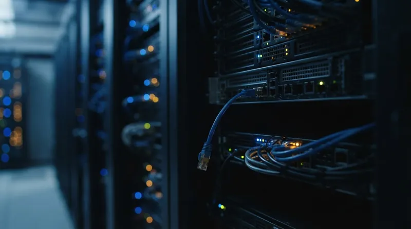 A dark server room with a single glowing red warning light on a server rack