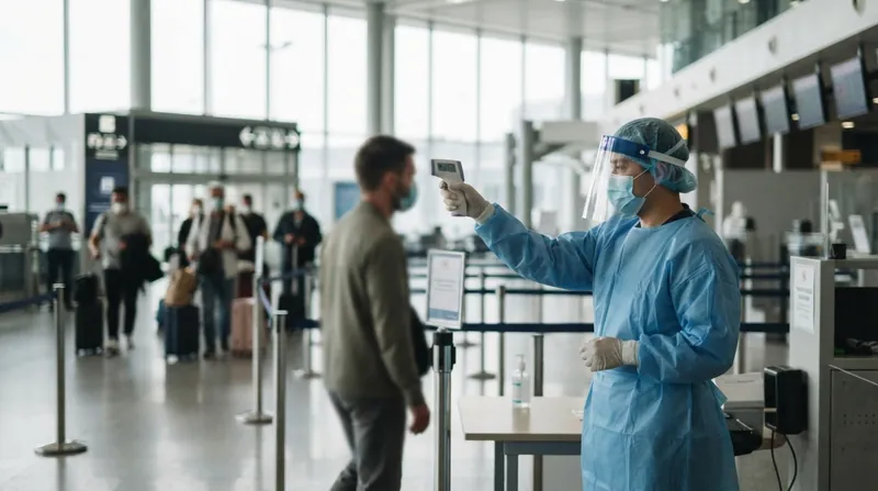 Health workers wearing face shields and high-visibility vests operate thermal cameras to screen arriving airport passengers.