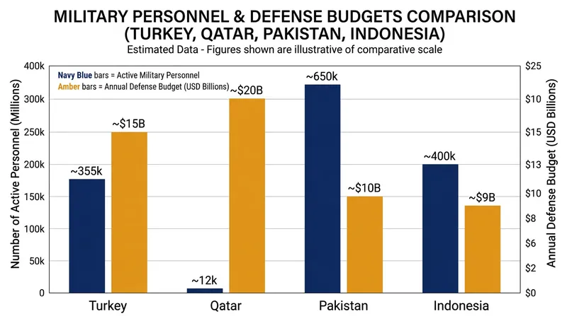 Combined military strength and defense spending of the four participating nations.