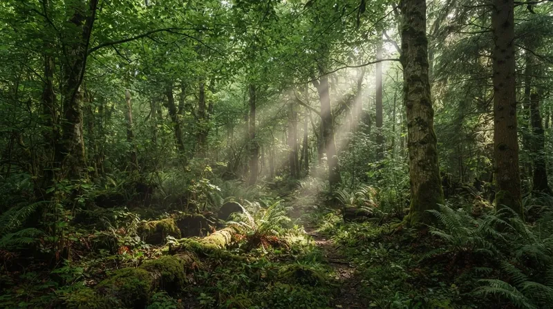A dense, mature forest canopy with bright sunlight filtering through the leaves, casting shadows on the green understory.