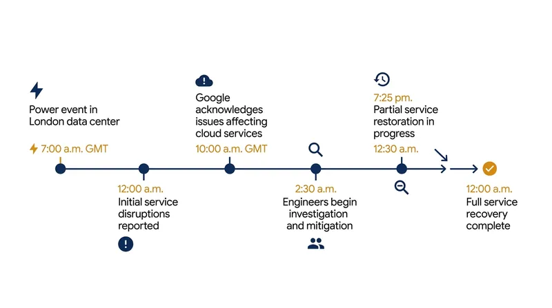 Timeline of the October 20 Google Cloud disruption in London.