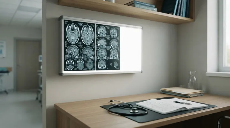 A neurologist in a clinical setting examines a detailed magnetic resonance imaging scan of a human brain on a glowing light board.